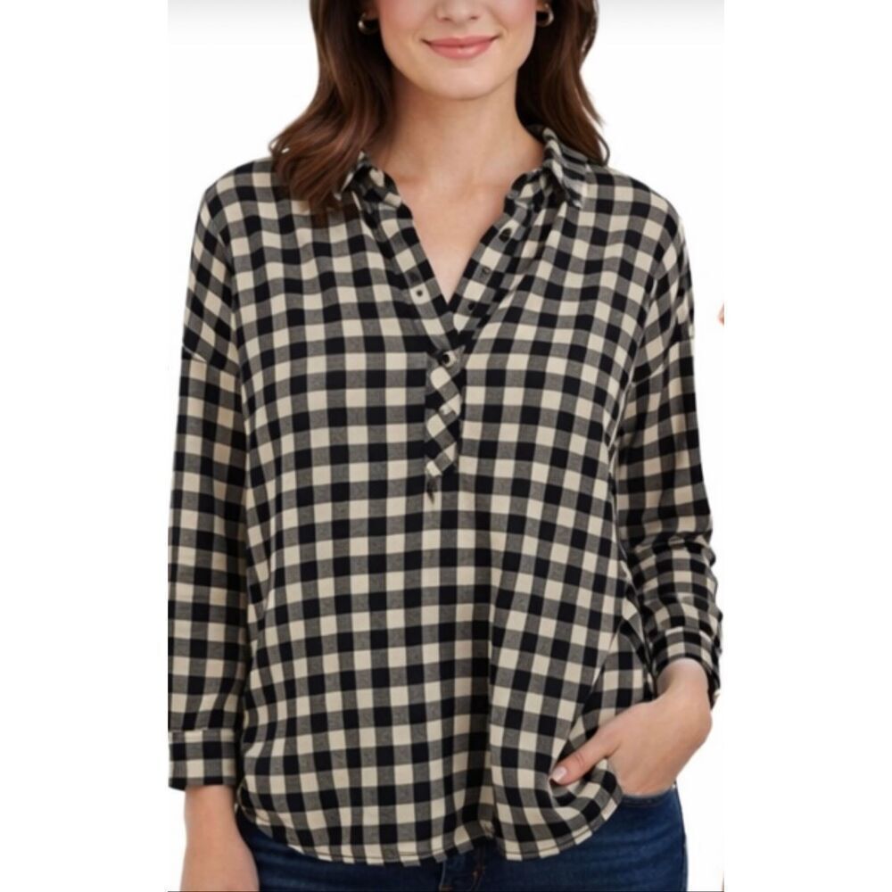 J.Crew black and white checkered gingham popover collared blouse m